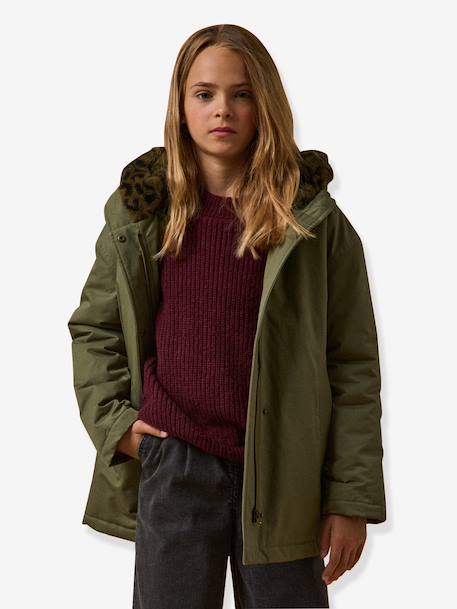 Girl's short parka with leopard lining CYRILLUS green - vertbaudet enfant 