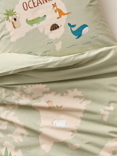 Parure housse de couette et taie d'oreiller TOUR DU MONDE ANIMAUX avec coton recyclé vert sauge - vertbaudet enfant 