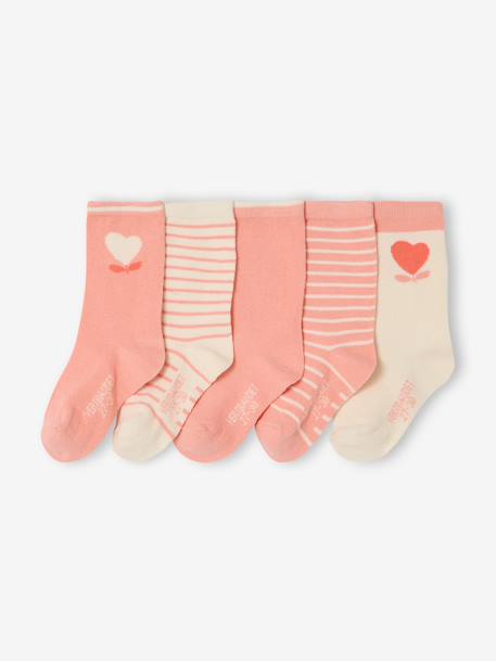 Lot 5 paires de chaussettes coeur fille abricot+bleu chambray - vertbaudet enfant 