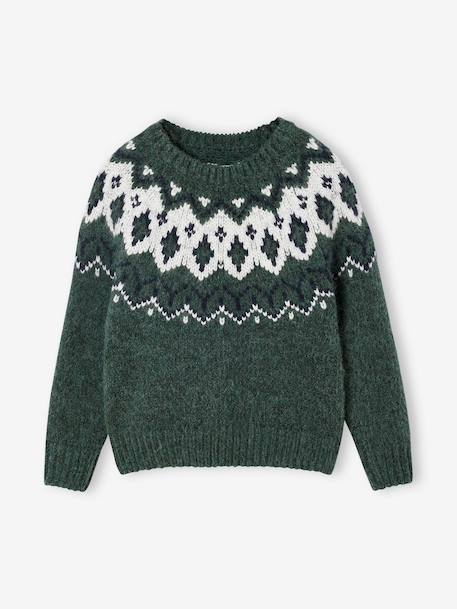 Jacquard Knit Jumper, Round Neckline, for Boys green+slate blue - vertbaudet enfant 