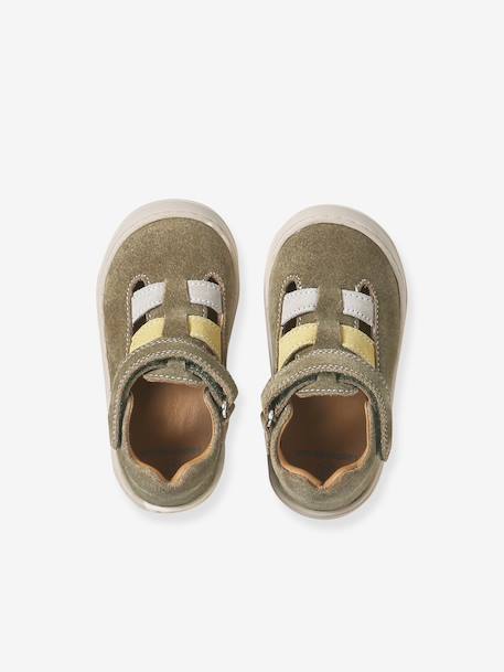 Leather Sandals with Hook-&-Loop Fastening for Babies, Designed for First Steps khaki+navy blue - vertbaudet enfant 