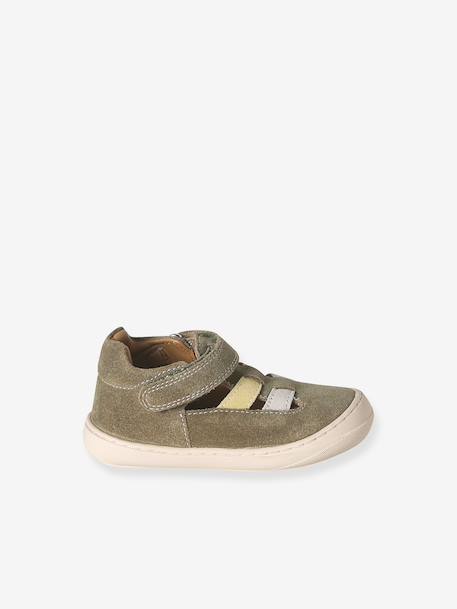 Leather Sandals with Hook-&-Loop Fastening for Babies, Designed for First Steps khaki+navy blue - vertbaudet enfant 