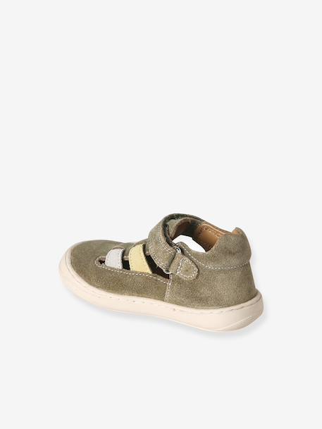 Leather Sandals with Hook-&-Loop Fastening for Babies, Designed for First Steps khaki+navy blue - vertbaudet enfant 