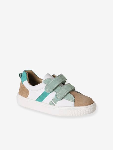 Leather Trainers with Hook-and-Loop Fasteners for Boys, Designed for Autonomy denim blue+navy blue+set blue+set green - vertbaudet enfant 