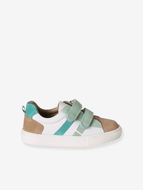 Leather Trainers with Hook-and-Loop Fasteners for Boys, Designed for Autonomy denim blue+navy blue+set blue+set green - vertbaudet enfant 