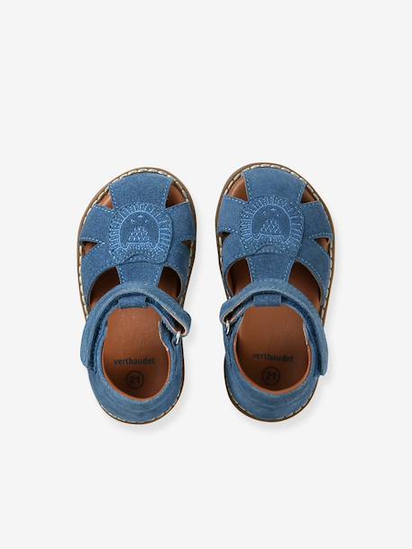 Leather Sandals with Hook-&-Loop Fastenings, for Babies denim blue+sandy beige - vertbaudet enfant 