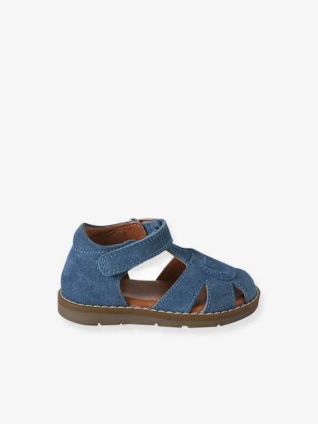 Leather Sandals with Hook-&-Loop Fastenings, for Babies denim blue+sandy beige - vertbaudet enfant 
