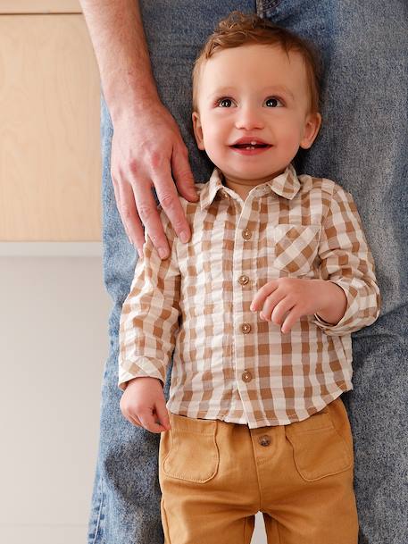 Baby boy's cotton muslin shirt chequered beige - vertbaudet enfant 
