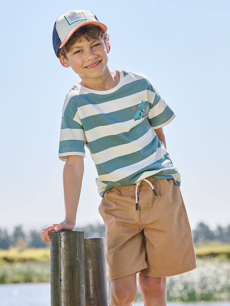 Boy's t-shirt with wide stripes and chest motif orange+striped green - vertbaudet enfant 