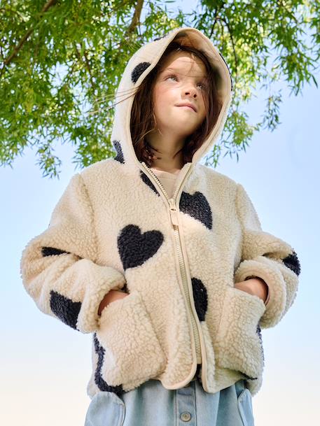 Girls' floral pop hooded sherpa jacket ecru+vanilla - vertbaudet enfant 