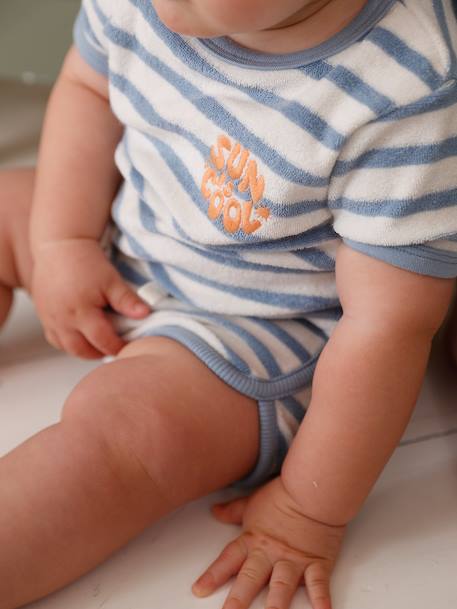 Terry Cloth Shorts + T-Shirt Ensemble for Babies grey blue+striped blue+taupe - vertbaudet enfant 