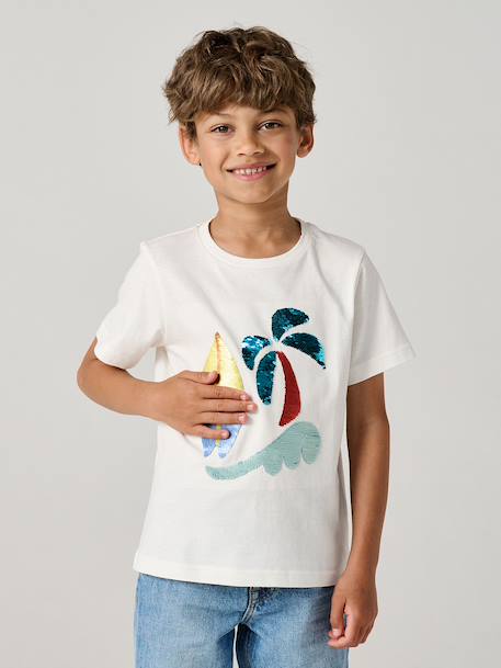 Tee-shirt garçon motif à sequins réversibles blanc+bleu nuit+bleu océan+écru+vert d'eau - vertbaudet enfant 