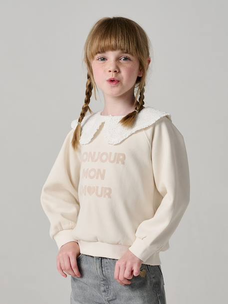 Sweat fille col claudine broderie anglaise écru+gris chiné+mauve+rose pâle+rouge - vertbaudet enfant 