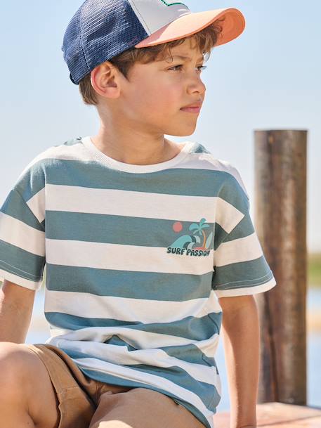 Boy's t-shirt with wide stripes and chest motif orange+striped green - vertbaudet enfant 