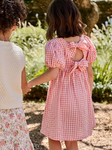 Gingham girl's dress with bows on the back coral - vertbaudet enfant 