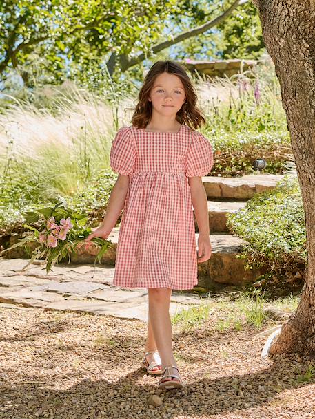 Robe fille Vichy noeuds dos corail - vertbaudet enfant 