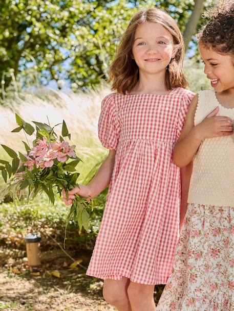 Gingham girl's dress with bows on the back coral - vertbaudet enfant 