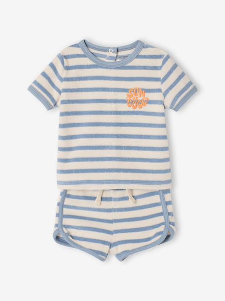 Terry Cloth Shorts + T-Shirt Ensemble for Babies grey blue+striped blue+taupe - vertbaudet enfant 