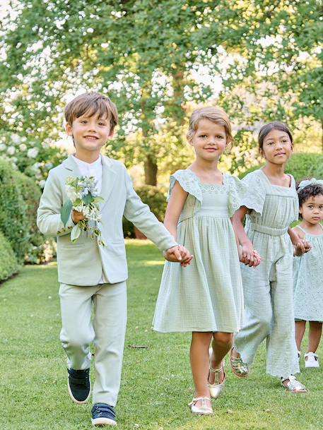 Cotton Gauze Occasion Wear Dress with Broderie Anglaise Sleeves, for Girls pale pink+sage green - vertbaudet enfant 