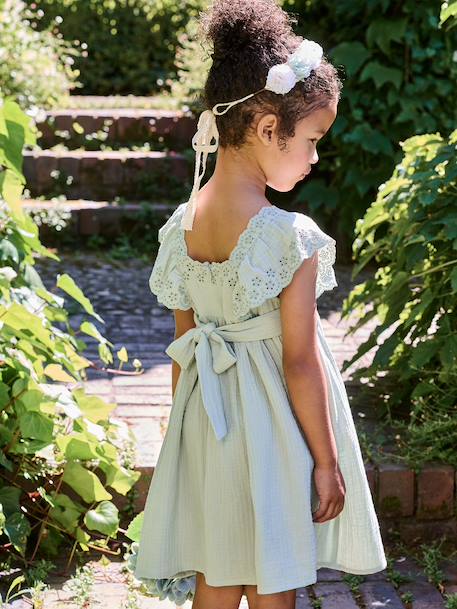 Cotton Gauze Occasion Wear Dress with Broderie Anglaise Sleeves, for Girls pale pink+sage green - vertbaudet enfant 