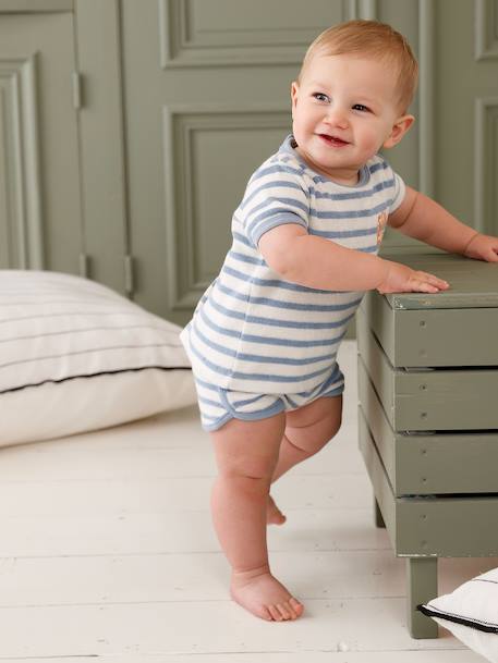 Terry Cloth Shorts + T-Shirt Ensemble for Babies grey blue+striped blue+taupe - vertbaudet enfant 