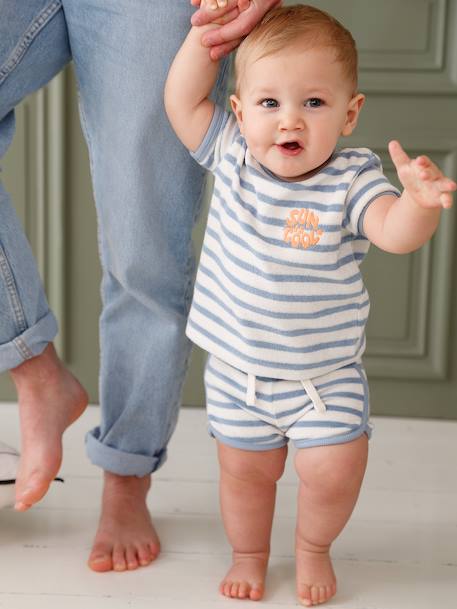 Terry Cloth Shorts + T-Shirt Ensemble for Babies grey blue+striped blue+taupe - vertbaudet enfant 
