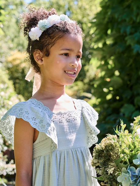 Cotton Gauze Occasion Wear Dress with Broderie Anglaise Sleeves, for Girls pale pink+sage green - vertbaudet enfant 