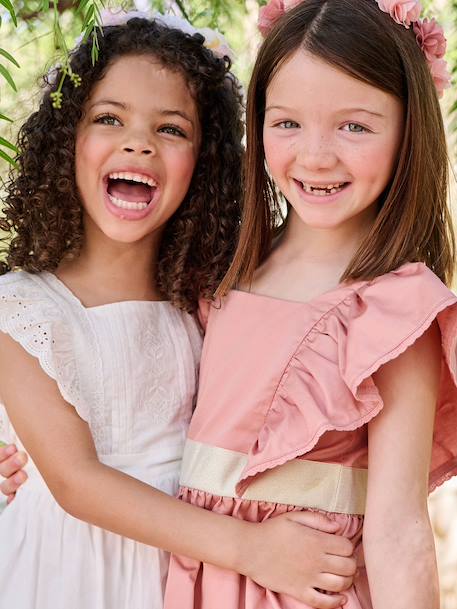 Occasion Wear Dress with Golden Sash for Girls blush+white - vertbaudet enfant 