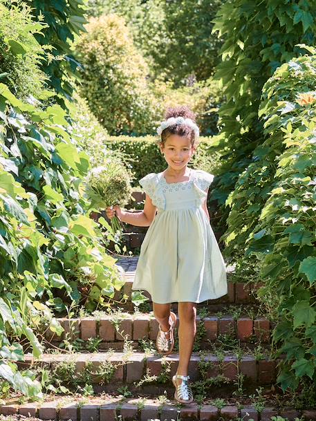 Cotton Gauze Occasion Wear Dress with Broderie Anglaise Sleeves, for Girls pale pink+sage green - vertbaudet enfant 