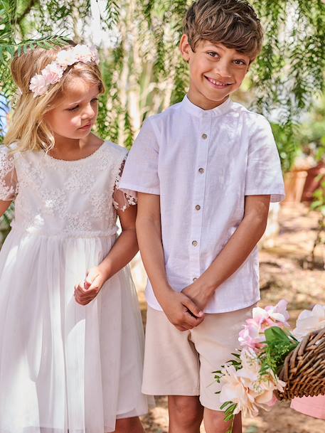 Linen Shirt with Mandarin Collar for Boys sage green+white - vertbaudet enfant 