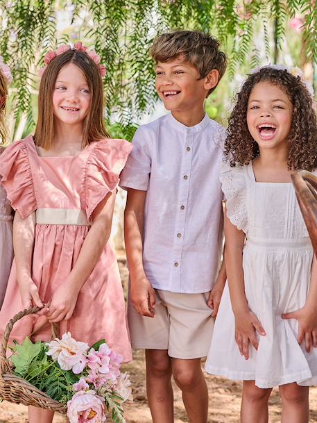 Chemise en lin col Mao garçon blanc+vert sauge - vertbaudet enfant 
