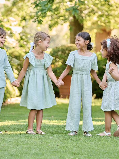 Embroidered Cotton Gauze Jumpsuit blush+sage green - vertbaudet enfant 