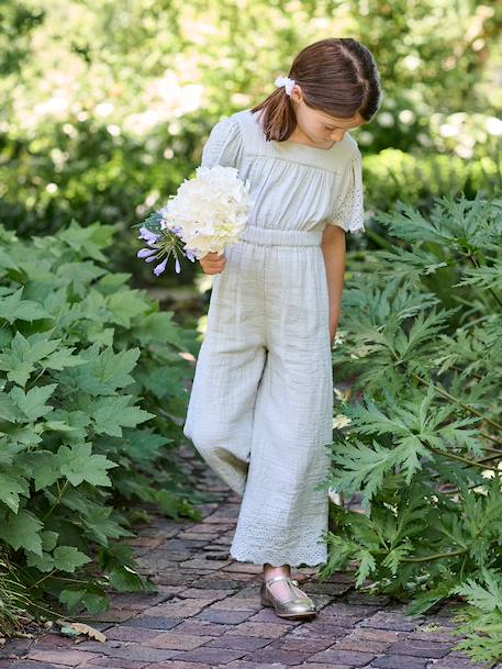 Embroidered Cotton Gauze Jumpsuit blush+sage green - vertbaudet enfant 