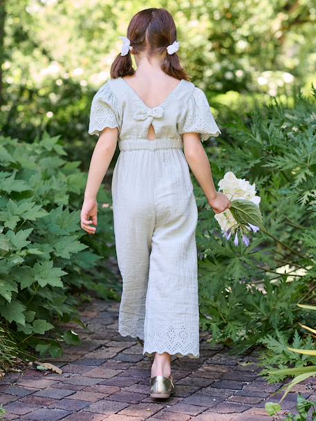 Embroidered Cotton Gauze Jumpsuit blush+sage green - vertbaudet enfant 