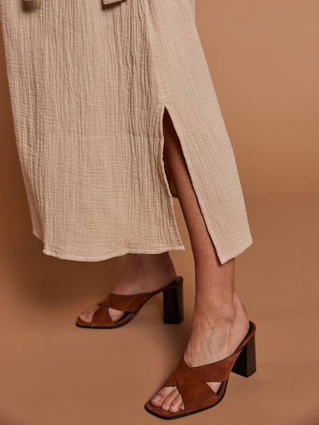 Long Dress for Maternity in Cotton Gauze, by ENVIE DE FRAISE beige+clay beige+navy blue+terracotta - vertbaudet enfant 
