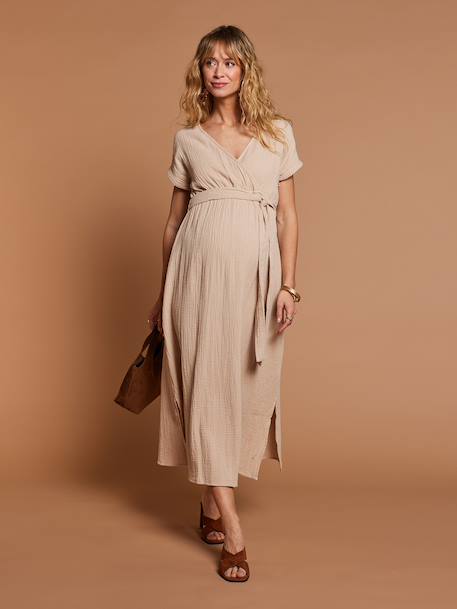 Long Dress for Maternity in Cotton Gauze, by ENVIE DE FRAISE beige+clay beige+navy blue+terracotta - vertbaudet enfant 