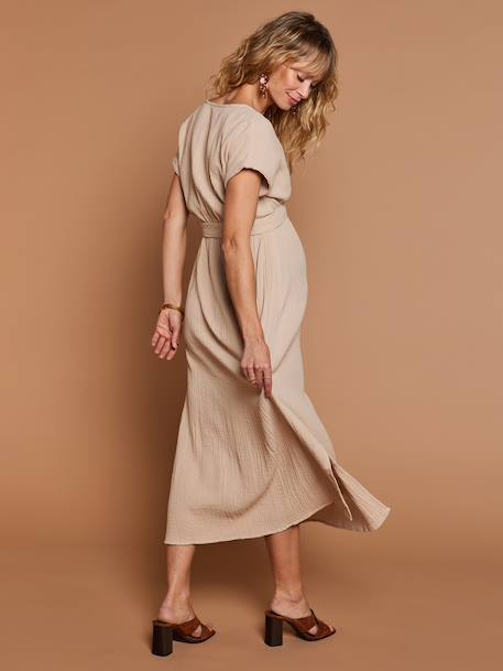 Long Dress for Maternity in Cotton Gauze, by ENVIE DE FRAISE - clay beige,  Maternity