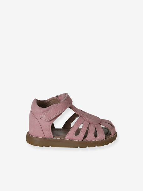 Closed Leather Sandals with Hook-&-Loop Strap for Babies cashew+gold+navy blue+rose - vertbaudet enfant 