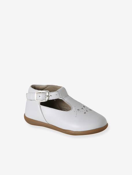 Baby girl's leather Mary Janes with buckle iridescent beige+white - vertbaudet enfant 