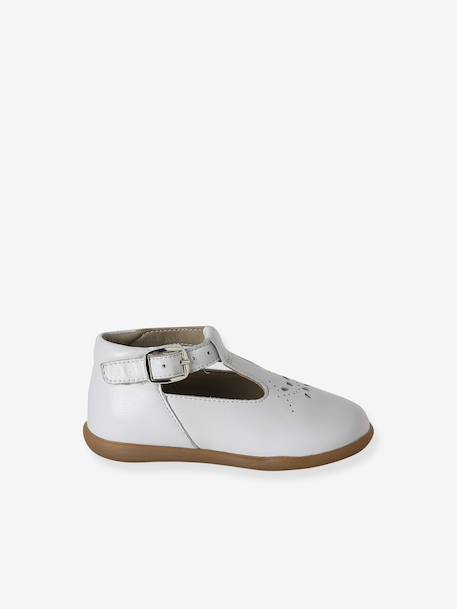 Baby girl's leather Mary Janes with buckle iridescent beige+white - vertbaudet enfant 