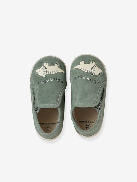 Soft leather baby slippers with zip sage green - vertbaudet enfant 