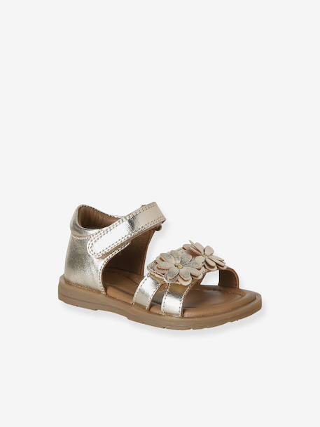 Leather touch-fastening sandals for babies gold - vertbaudet enfant 
