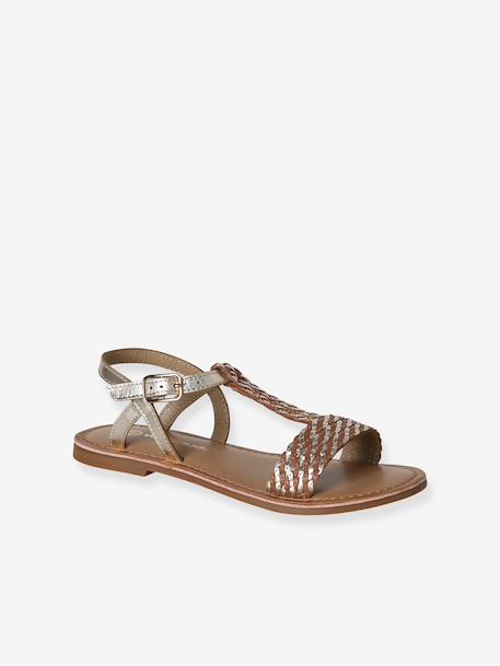 Leather Sandals for Girls brown+printed brown+turquoise+YELLOW LIGHT METALLIZED - vertbaudet enfant 