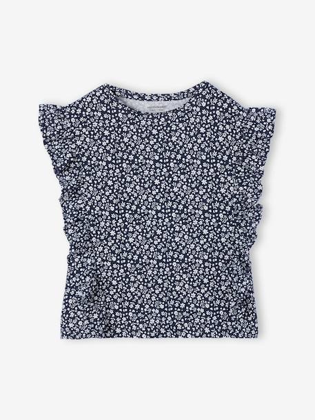 Girl's short-sleeved t-shirt with frills navy blue+sage green - vertbaudet enfant 