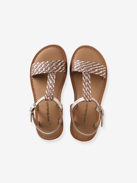 Leather Sandals for Girls brown+printed brown+turquoise+YELLOW LIGHT METALLIZED - vertbaudet enfant 