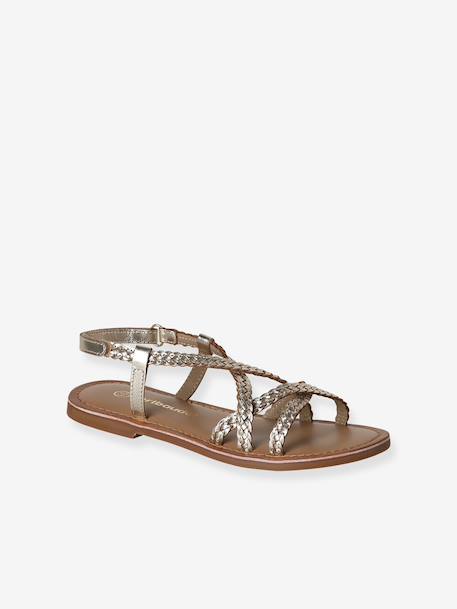 Girls' leather touch-fastening sandals gold - vertbaudet enfant 