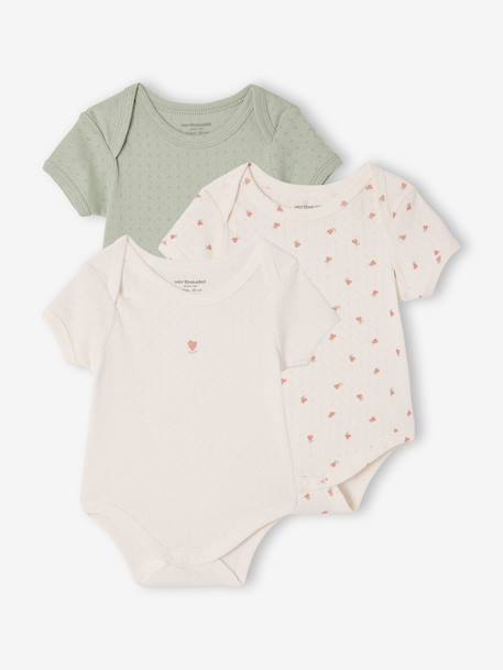 Pack of 3 short-sleeved pointelle bodysuits sage green - vertbaudet enfant 