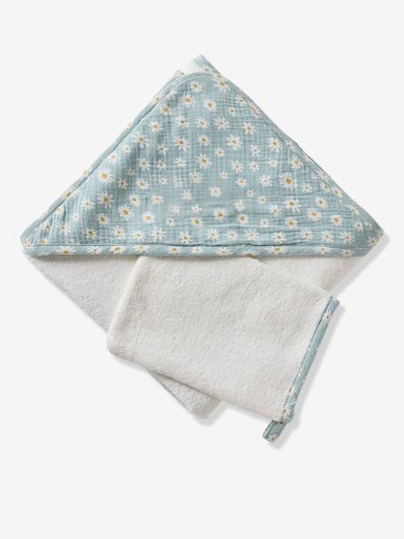 Customisable cotton muslin bath cape and wash mitt MARGUERITE printed blue - vertbaudet enfant 