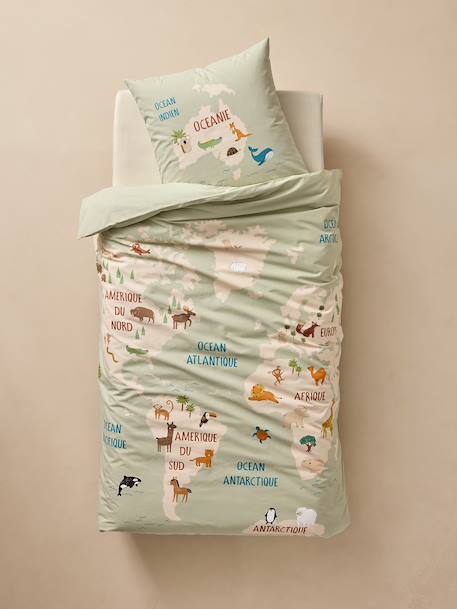 Bedding set with duvet cover and pillowcase, ANIMAL WORLD TOUR design, made with recycled cotton sage green - vertbaudet enfant 