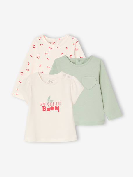 Pack of 3 long-sleeved t-shirts for girls - BASICS ecru+striped red - vertbaudet enfant 